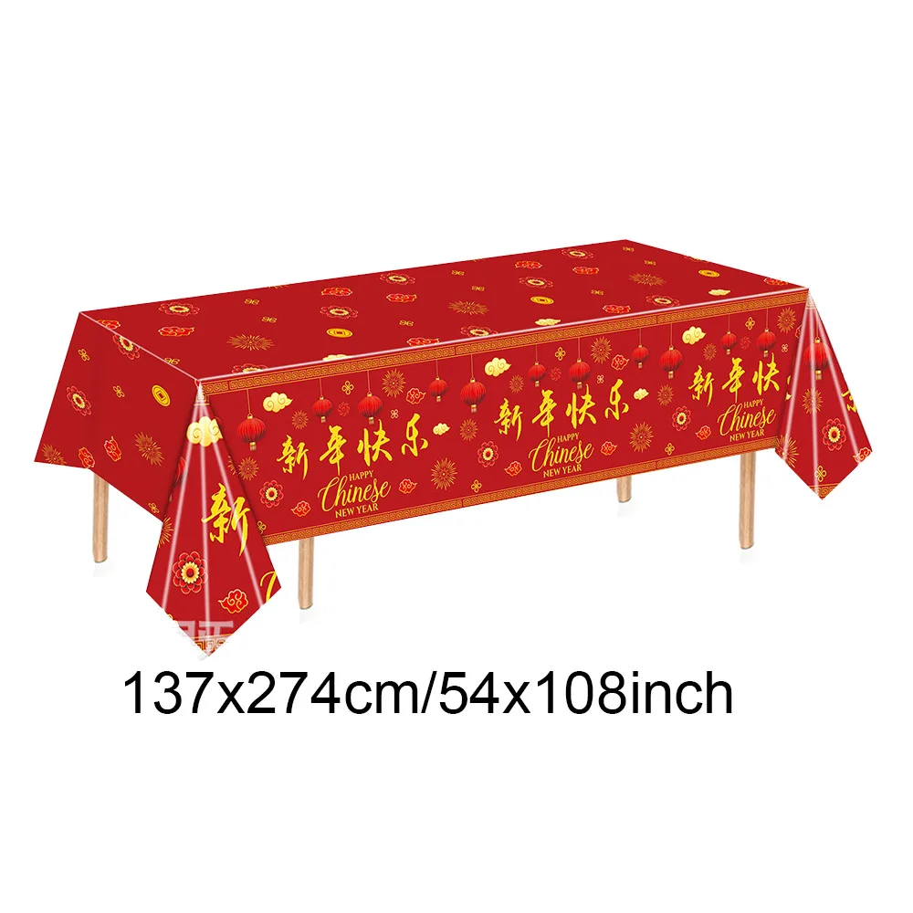 Chinese New Year Tablecloth Red Disposable Plastic Rectangle Happy Chinese New Year Table Cover Spring Festival Party Decoration