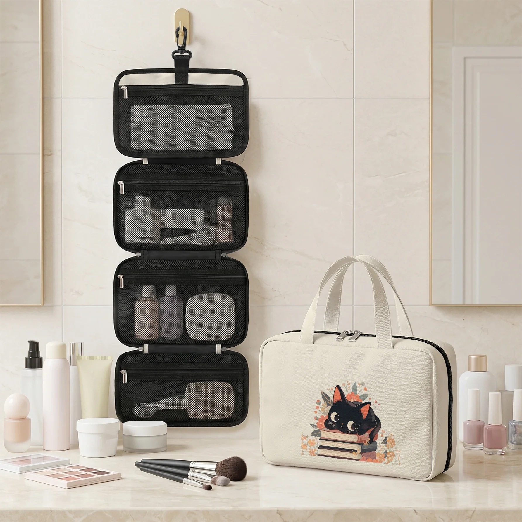 Black Cat Book Floral Print Hanging Cosmetic Bag Foldable Multi Pocket Toiletry Bag For Travel Daily Use