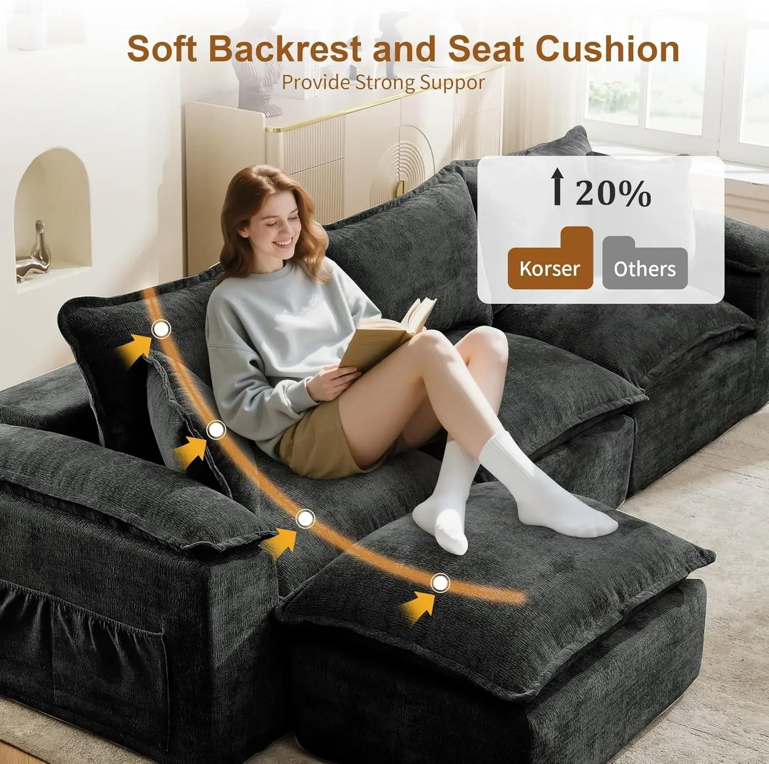 108 Inch Sectional Couch Modular Deep Seat Fluffy Cushion Cloud Sofa Ottoman