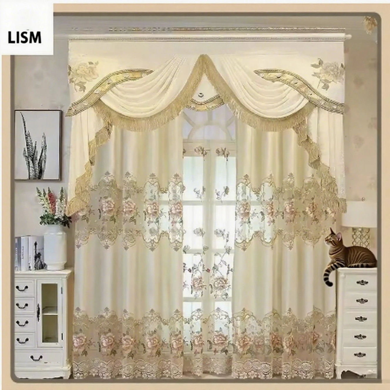 

European Hollow Embroidered Luxury Curtains For Living Room Dining Bedroom Blackout Yellow Valance Flowers Beautiful Tulle Decor