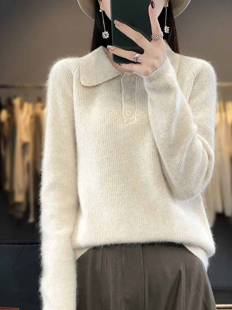 Aliselect wanita 100% Mink kasmir Sweater musim dingin musim semi Pullover baru rajutan PoLo leher kemeja atasan padat pakaian kasual