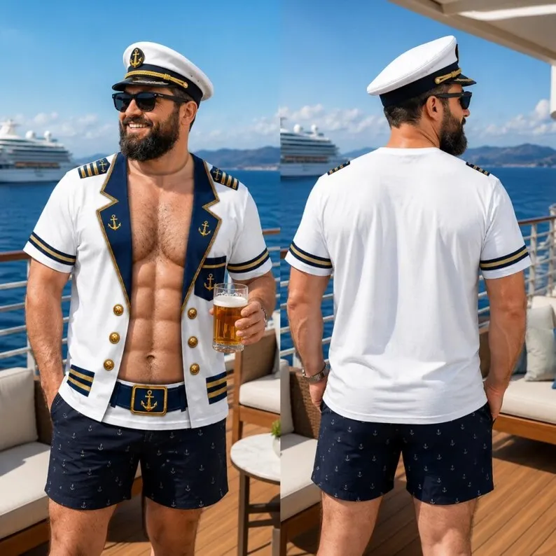 Men Short Sleeve T-shirt Captain Sailor Fake Suit Muscle Print Round Neck Summer Beach Party Casual Tops Funny Men's Clothing