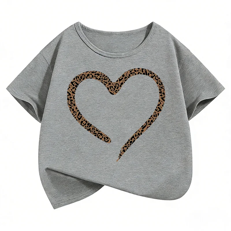 Love Heart Leopard Print Fashion T Shirts Y2k Kids Children's T-shirt Boys Girls Summer Spring Casual Top Tee Shirt