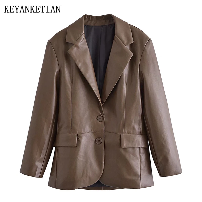

KEYANKETIAN Autumn New Women's Clothing Single Breasted Long Sleeved Flip Pocket Splicing Faux Leather Suit Women Jacket
