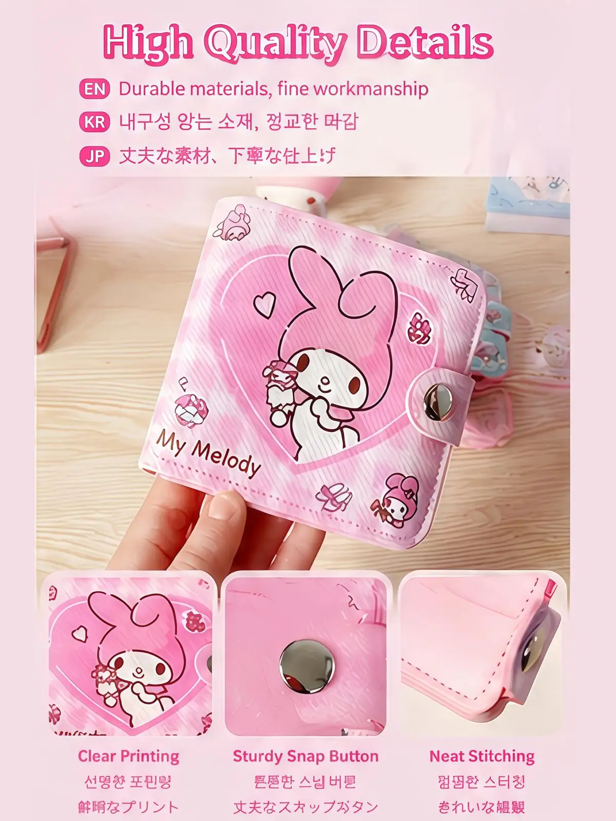 Sanrio Wallet PU Leather Girls Card Holder With Hasp Kuromi Cinnamoroll My Melody Coin Purse Kids Money Bag Student Gift - view 6