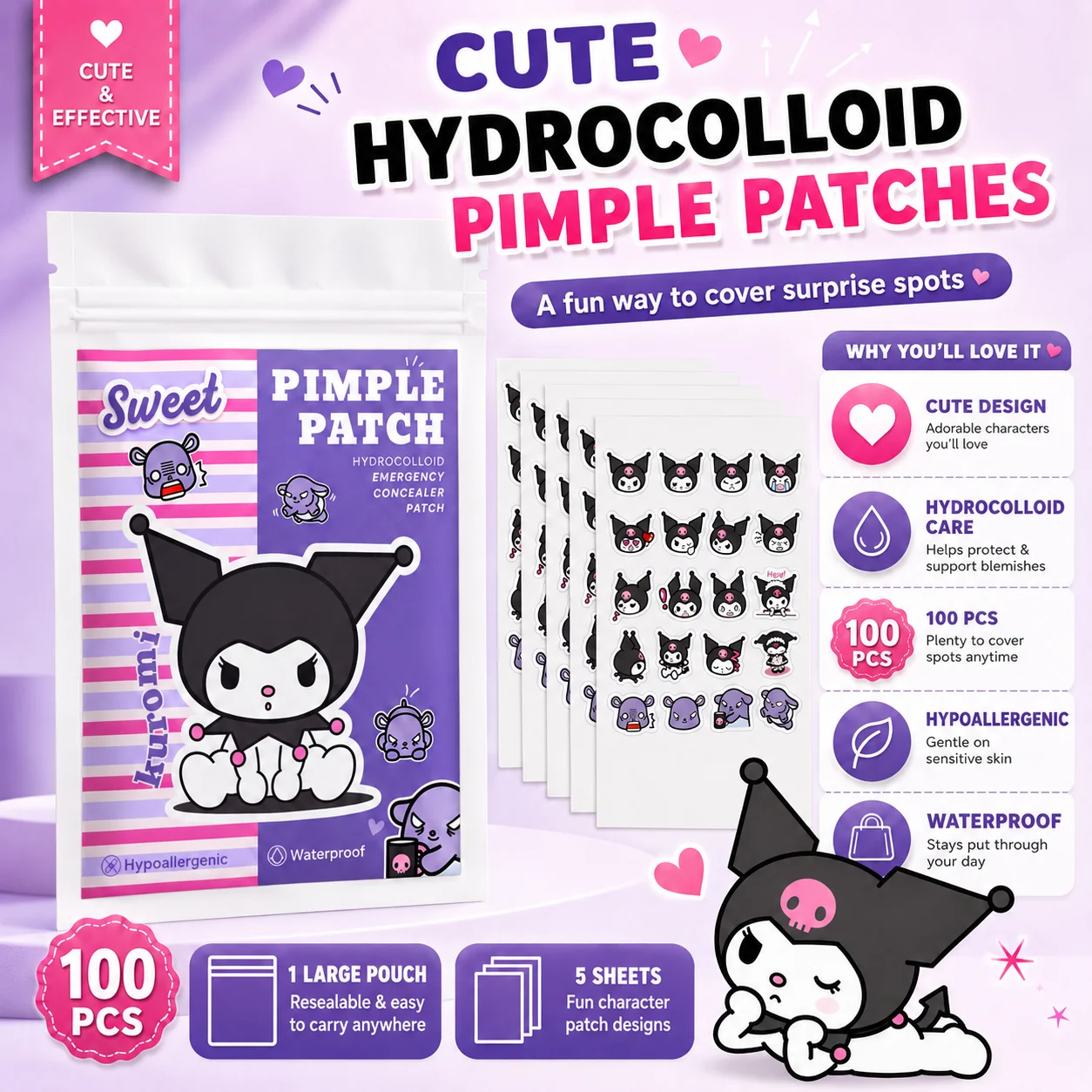 Adesivos para Espinhas Hello Kitty, 100 Unidades de Coberturas Hidrocoloidais para Acne, 25 Designs Divertidos, Suaves, Impermeáveis e Amigáveis à Pel