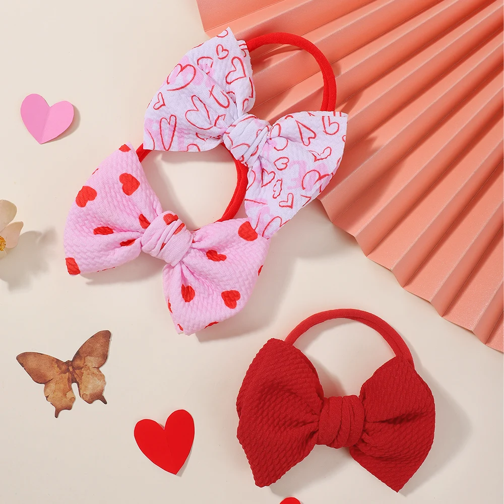

3pcs Valentine's Day Heart Print Bows Headbands for Baby Girls Sweet Soft Elastic Bowknot Hairbands Hair Ties Rubber Bands Gift