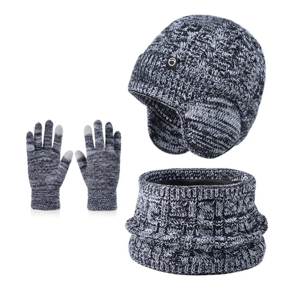 3Pcs/Set Fashion Solid Color Hat Scarf Gloves Set Earflap Winter Pullover Hat Windproof Thickened Ear Protection Caps Outdoor
