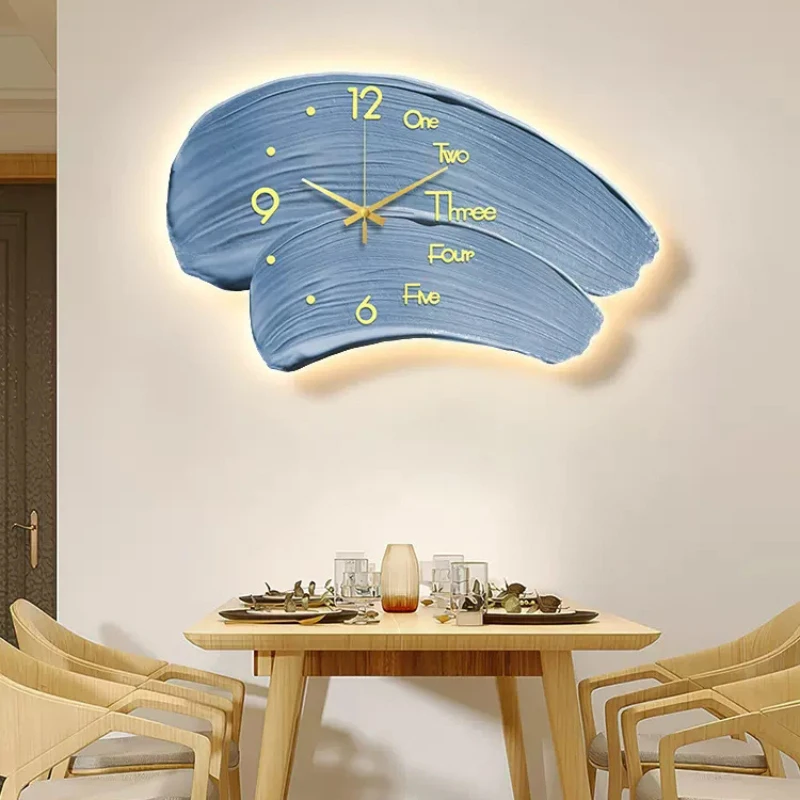 Creative Cream Wind Led Light Wall Clock Modern Living Room Wall Art Hanging Clock Decoration Painting Nordic Abstract Wall Lamp