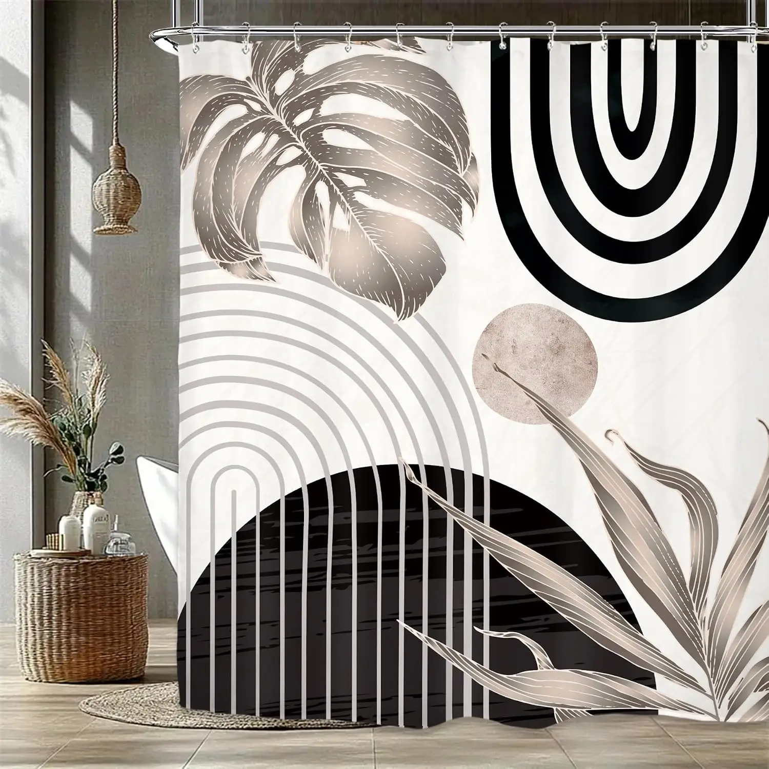 Bohemian Tropical Shower Curtain Waterproof Palm Leaf Jungle Bathroom Decor Modern Abstract Geometric Curtain Liner 180x180cm Ho