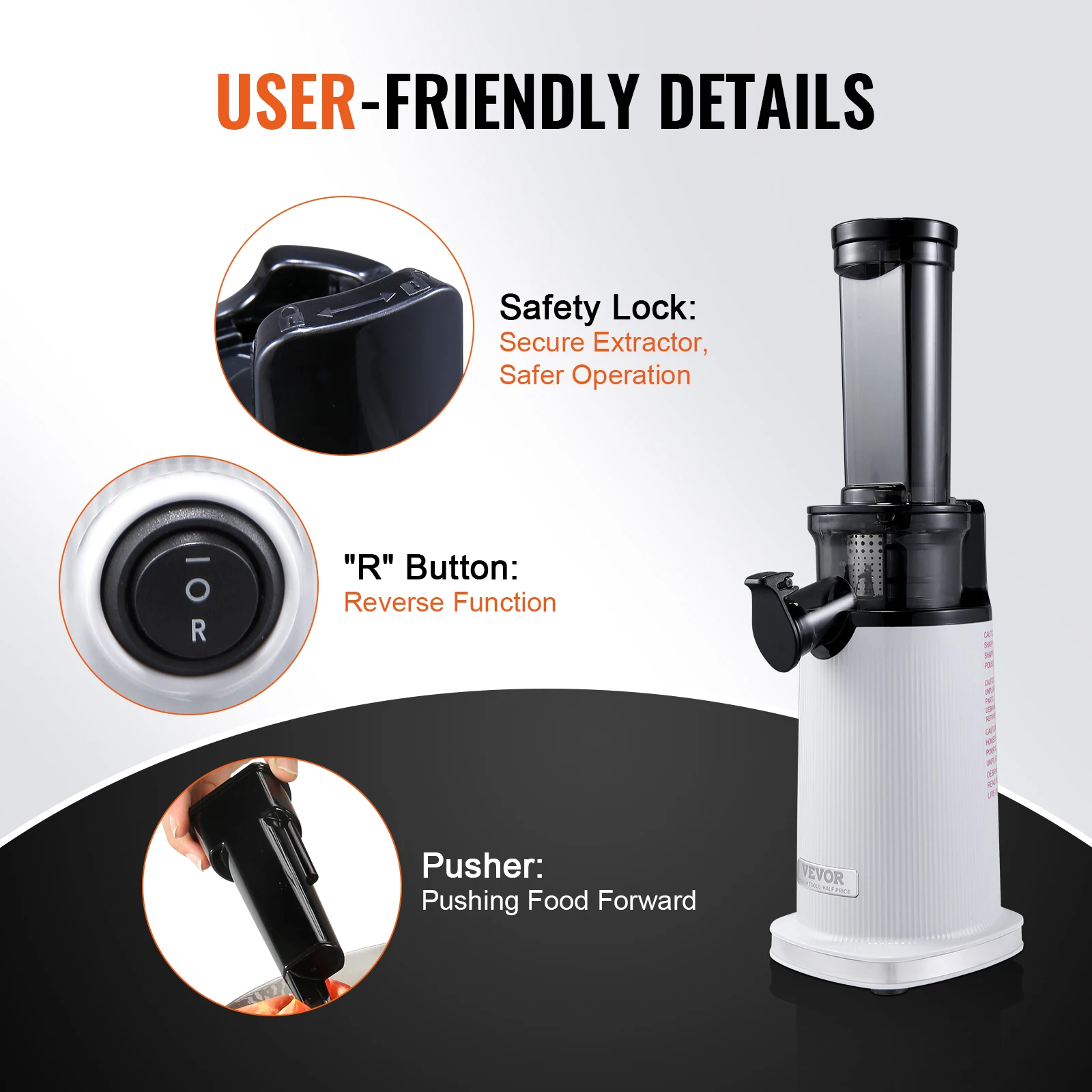 عصارة المضغ VEVOR، آلة عصارة الضغط البارد، عصارة بطيئة بمزلق التغذية مقاس 1.3 بوصة، صانع مستخرج العصير مع إنتاجية عالية للعصير،