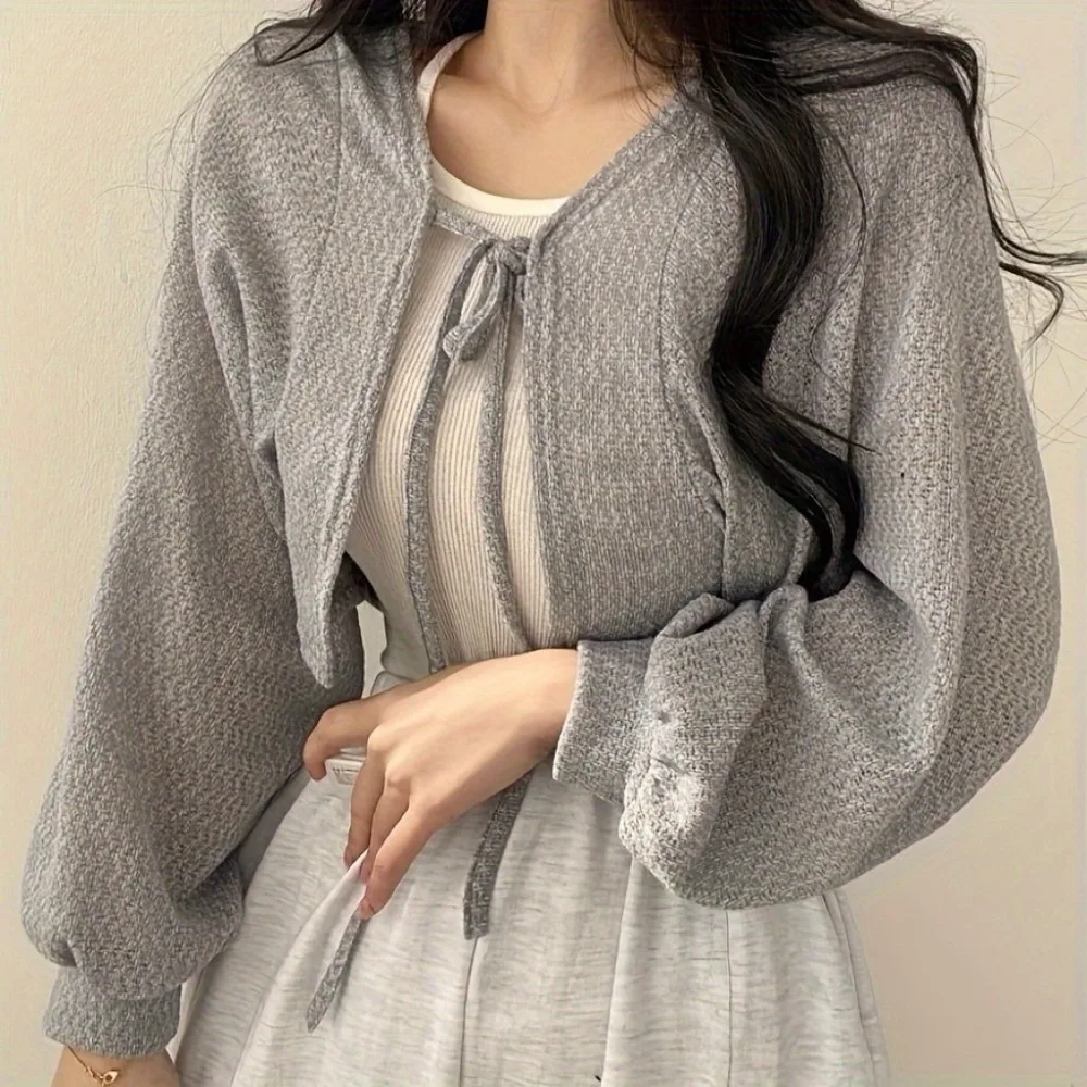 

Casual Korean Style Knitted Cardigan Lantern Sleeve Long Sleeve Raglan Sleeve Knitwear Tops Lace-Up Short Sweater Shawl Girls