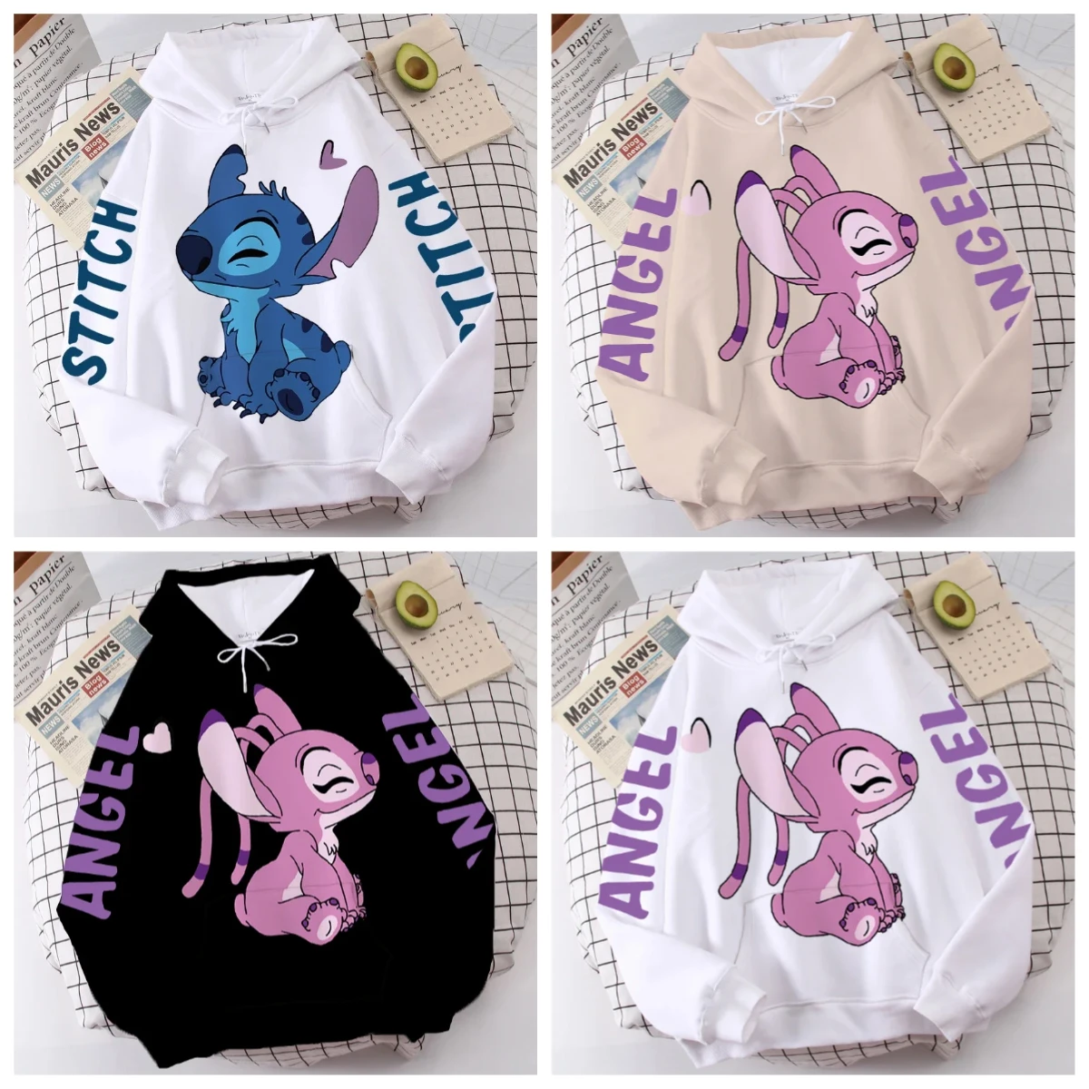 

Новинка 2025, модная толстовка с капюшоном Disney, толстовка с рисунком ангела и монстра, пуловер, милый женский топ унисекс с карманами в стиле Харадзюку