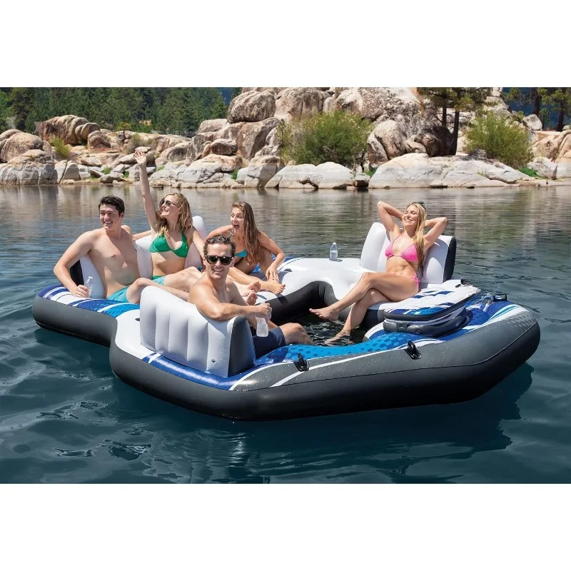 Blue Tropic Inflatable 5 Person Raft or Swimming Pool Island Water Floating Lounger Raft with Backrests, Built in Cooler,