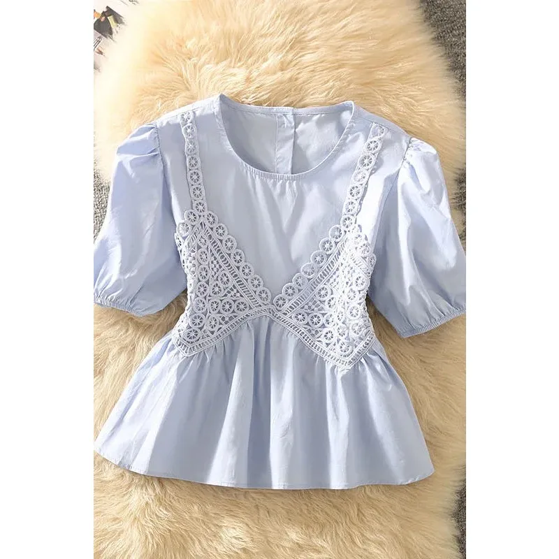 

Women French Sweet Two Piece Lace Patchwork Puff Short Sleeve Waist Fitted Casual Daily Blouse