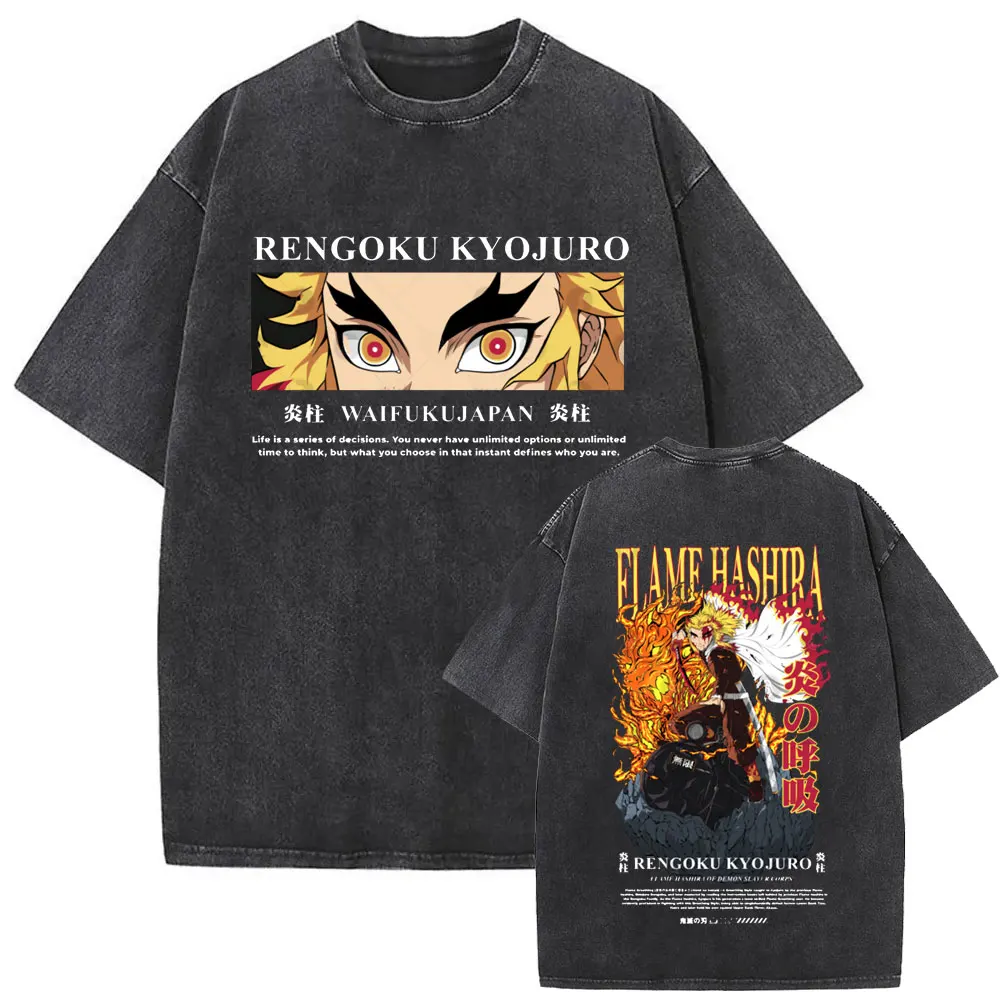 

Anime Demon Slayer Washed Vintage Tshirt Rengoku Kyoujurou Eyes Graphic T Shirt Men Women High Quality Cotton Oversized T-shirts
