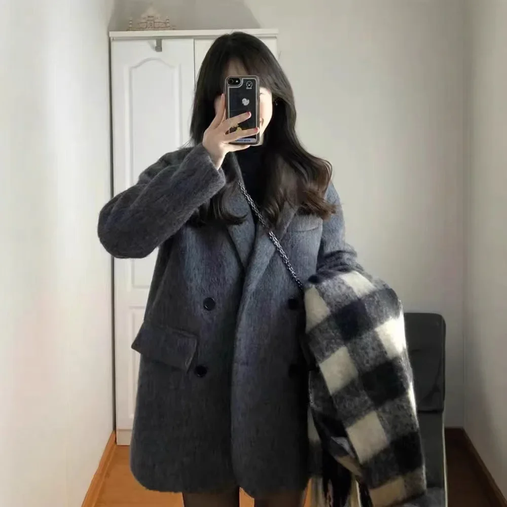 Plus Size Grey Woolen Jacket Women's Thickened Loose-Fit Petite Suit Overcoat Spring Autumn New Arrival Plus Size Outwear