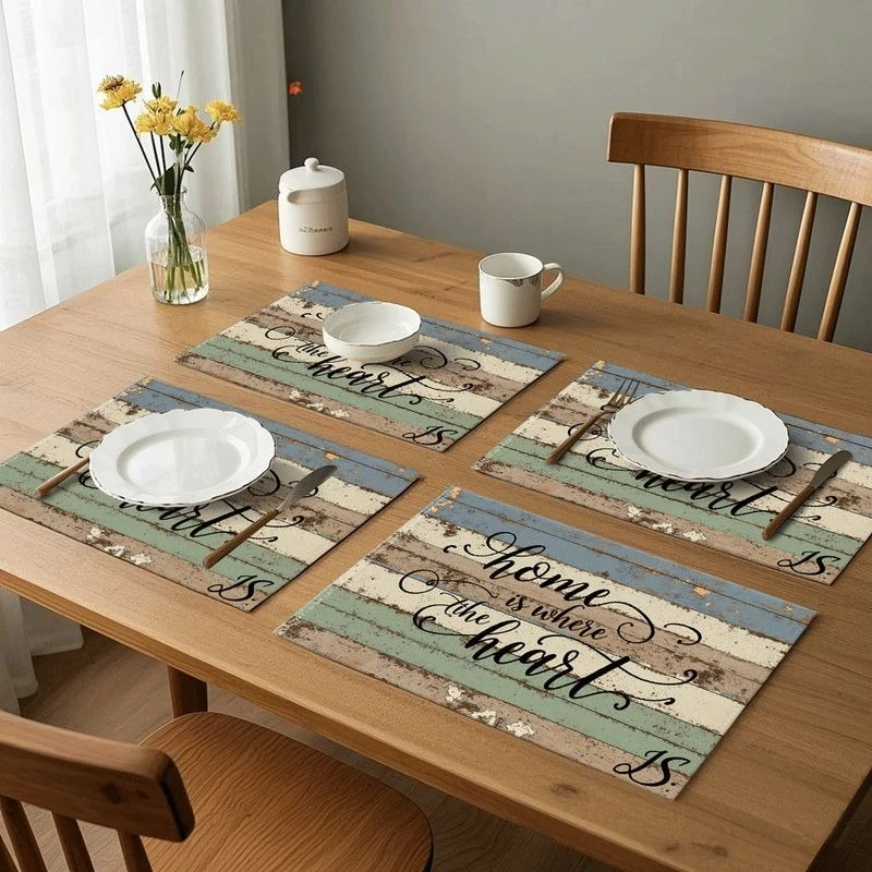Rustic Distressed Wooden Plank Home Is Where The Heart Is Quote Print Rectangular Placemats Set  Dining Table Decor Mats