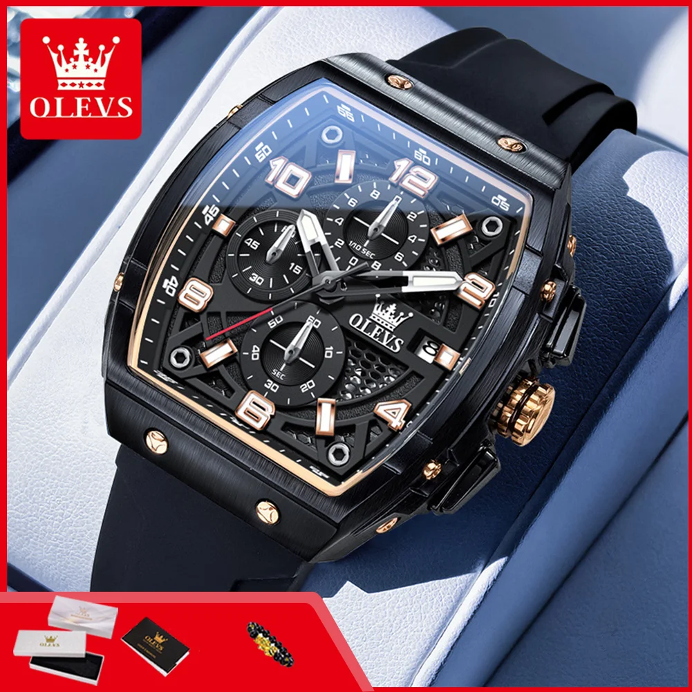 OLEVS 2976 Multifunktions-Herren-Quarzuhr Wasserdicht Tonneau-Zifferblatt Silikonarmband Chronograph Kalender Sport Herren-Armbanduhr
