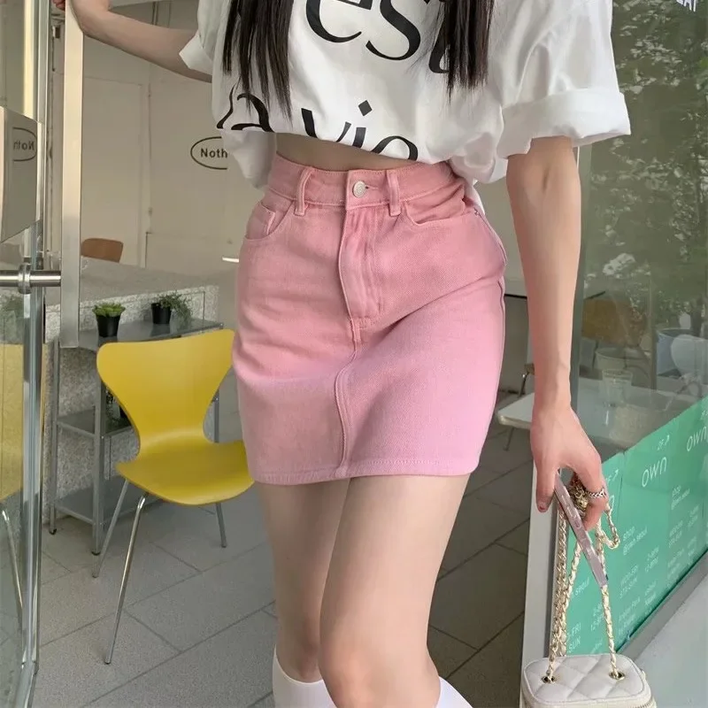 Pink Denim Skirt For Women High-Waisted Slimming Casual Style Mini Dress 2022 Summer New Arrival Petite Versatile A- Line