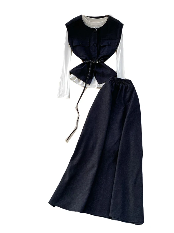 

Винтажный топ с завязками на талии для похудения, однотонный базовый слой, джинсовая юбка-миди, комплект футболок, женский ансамбль Faion