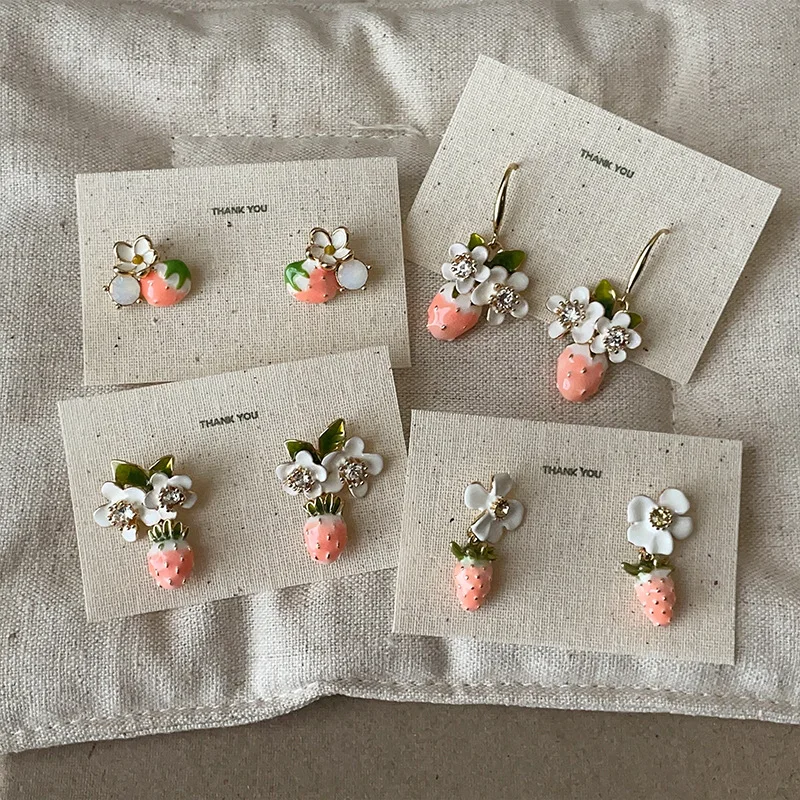 Minar Cute Romantic Multiple Enamel Pink Strawberry White Flowers Rhinestone Drop Earrings for Women Holiday Every Day Jewelry
