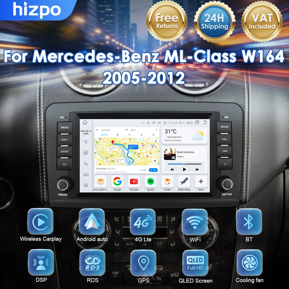 Hizpo Schermo Radio Auto da 8 Pollici per Mercedes Benz Classe M W164 Classe GL X164 ML GL Wireless CarPlay Android Auto Navigazione Senza 2 Din DVD Ricevitore Stereo GPS