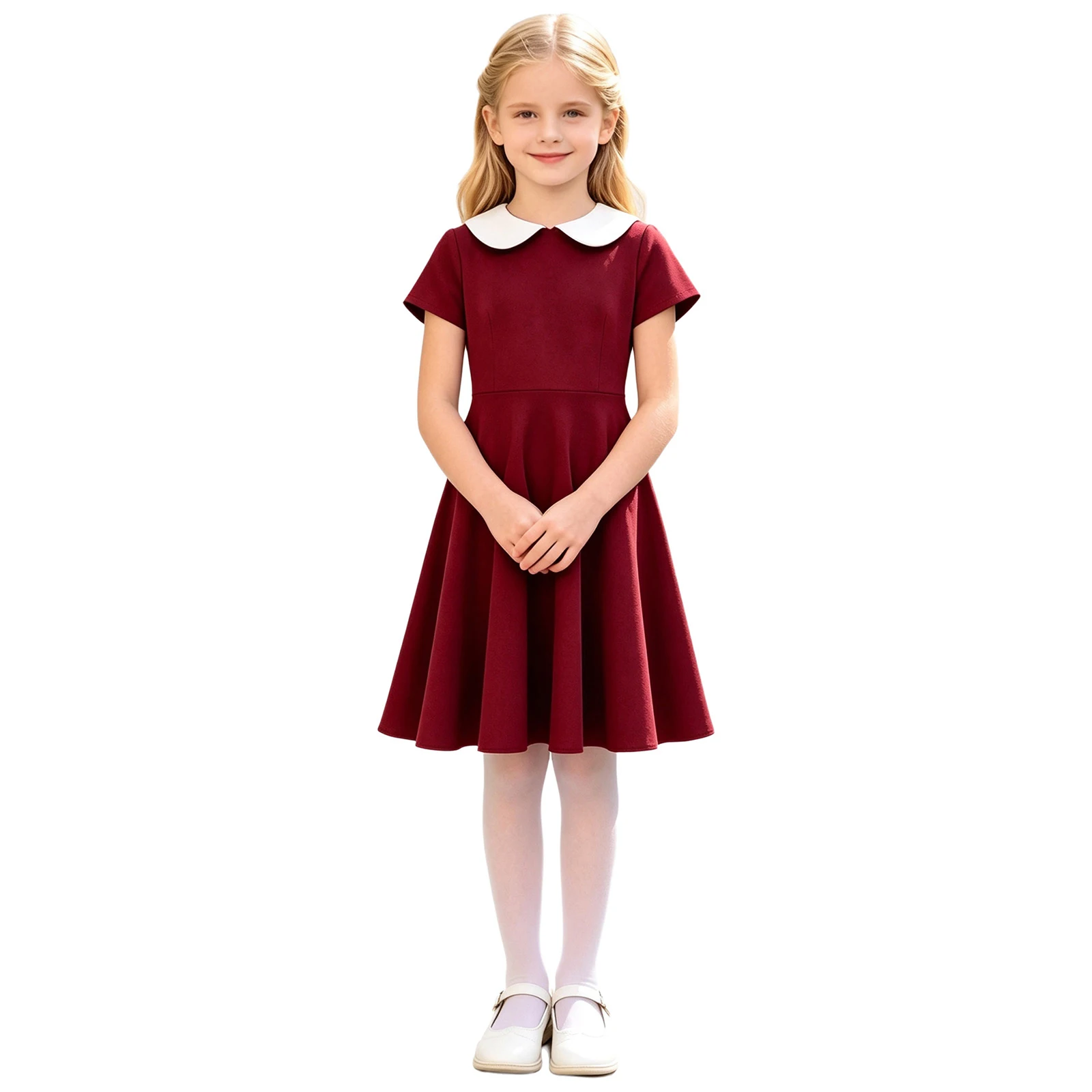 Kids Girls Vintage Flare Dress Short Sleeve Vintage School Girls A‑Line Swing Midi Dresses Children Graduation Ceremony Costume