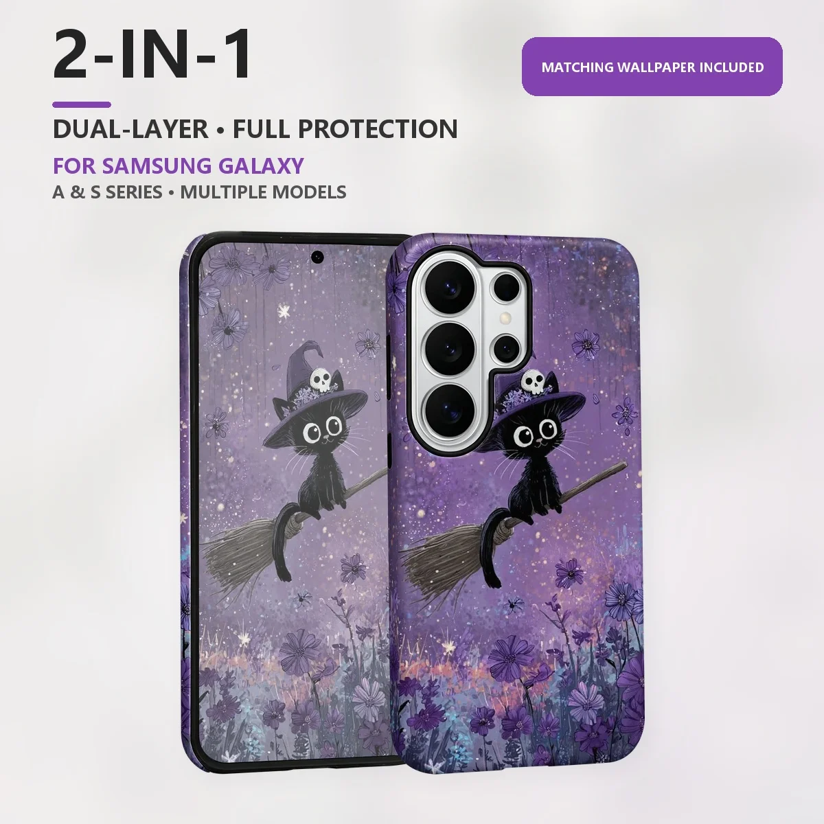 Witch Cat Broom 2-in-1 Dual-Layer Phone Case for Samsung Galaxy S26 S25 S24 S23 S22 S21 Plus Ultra FE S20 FE A56 A17 A16 A15