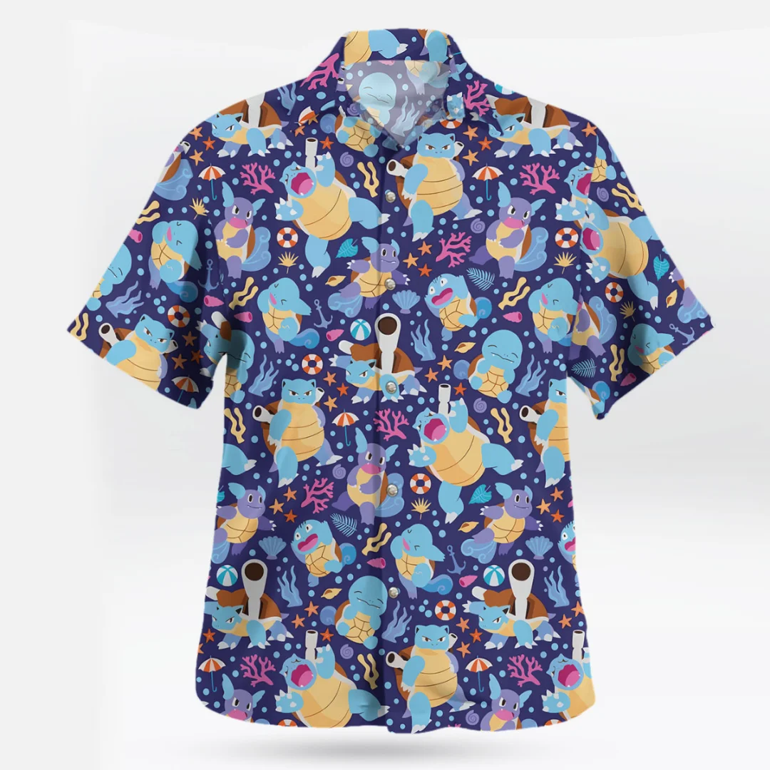 Camisa Hawaiana con Estampado Completo de Johnny Turtle y Flecha de Agua sobre Fondo Azul, Holgada, Versátil, de Manga Corta, para Parejas, Ideal para la Playa