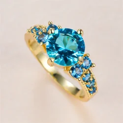 Aqua Blue Crystal Round Stone Engagement Rings For Women Vintage Gold Color Wedding Bands Birthstone Jewelry Mother's Day Gifts