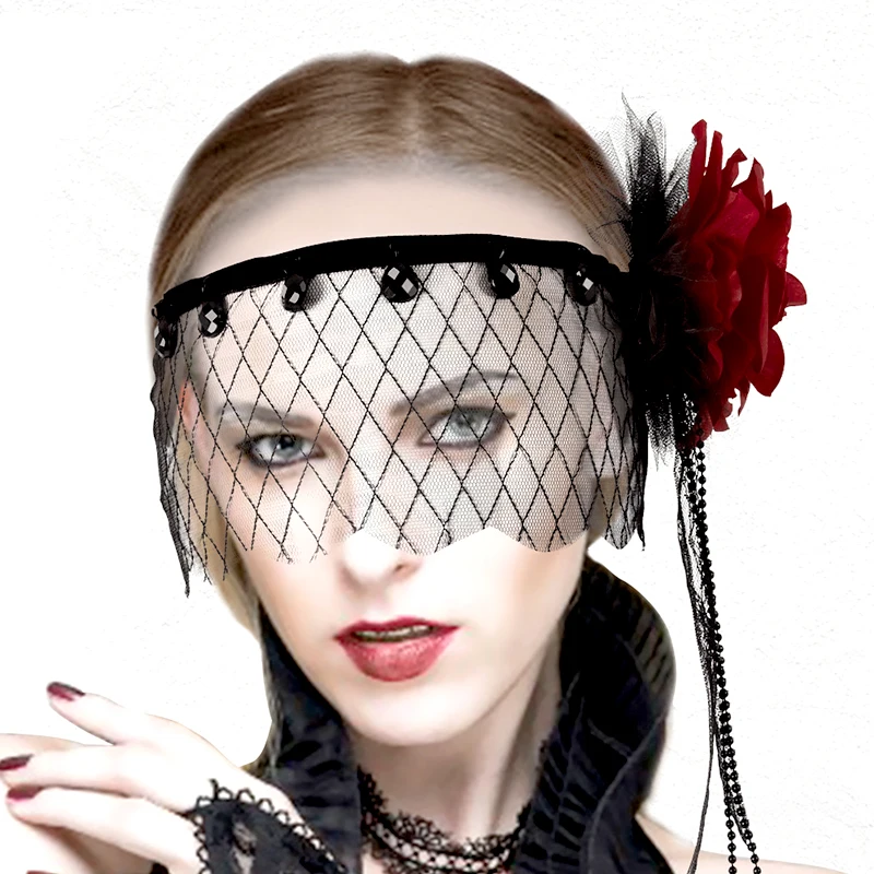 1pcs Black Headscarf Gothic Hair Accessories Headwear Cosplay Grace Rose Masquerade Ball Accessories Veil Black Mesh Headband