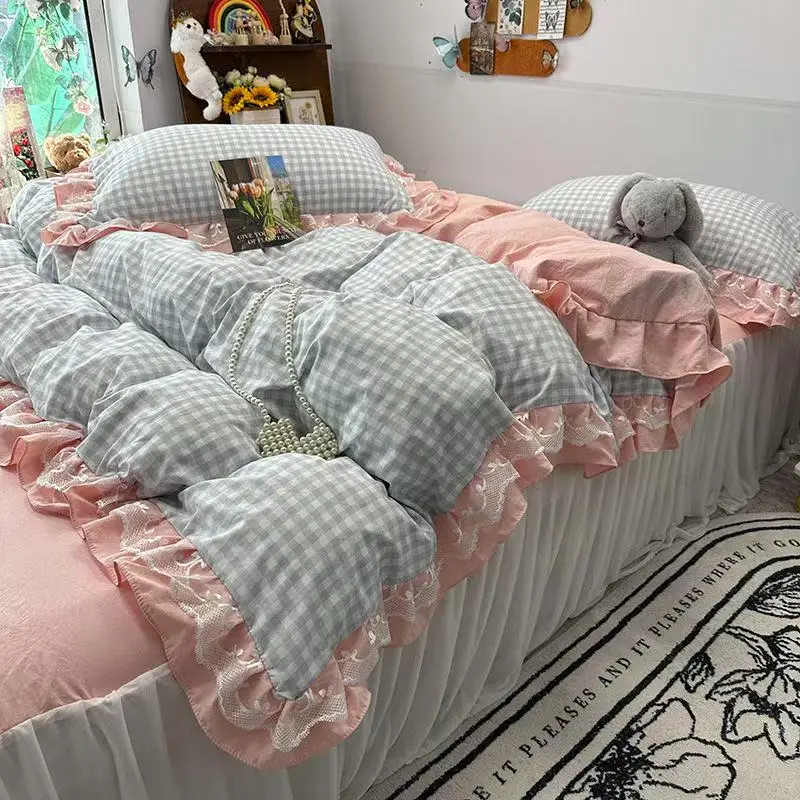 

Ins Princess Bedding Set Latticed Simple Elegant Skirt Bed Sheet Set With 2 Pillowcases Queen Size For Women Teens Bedcloths