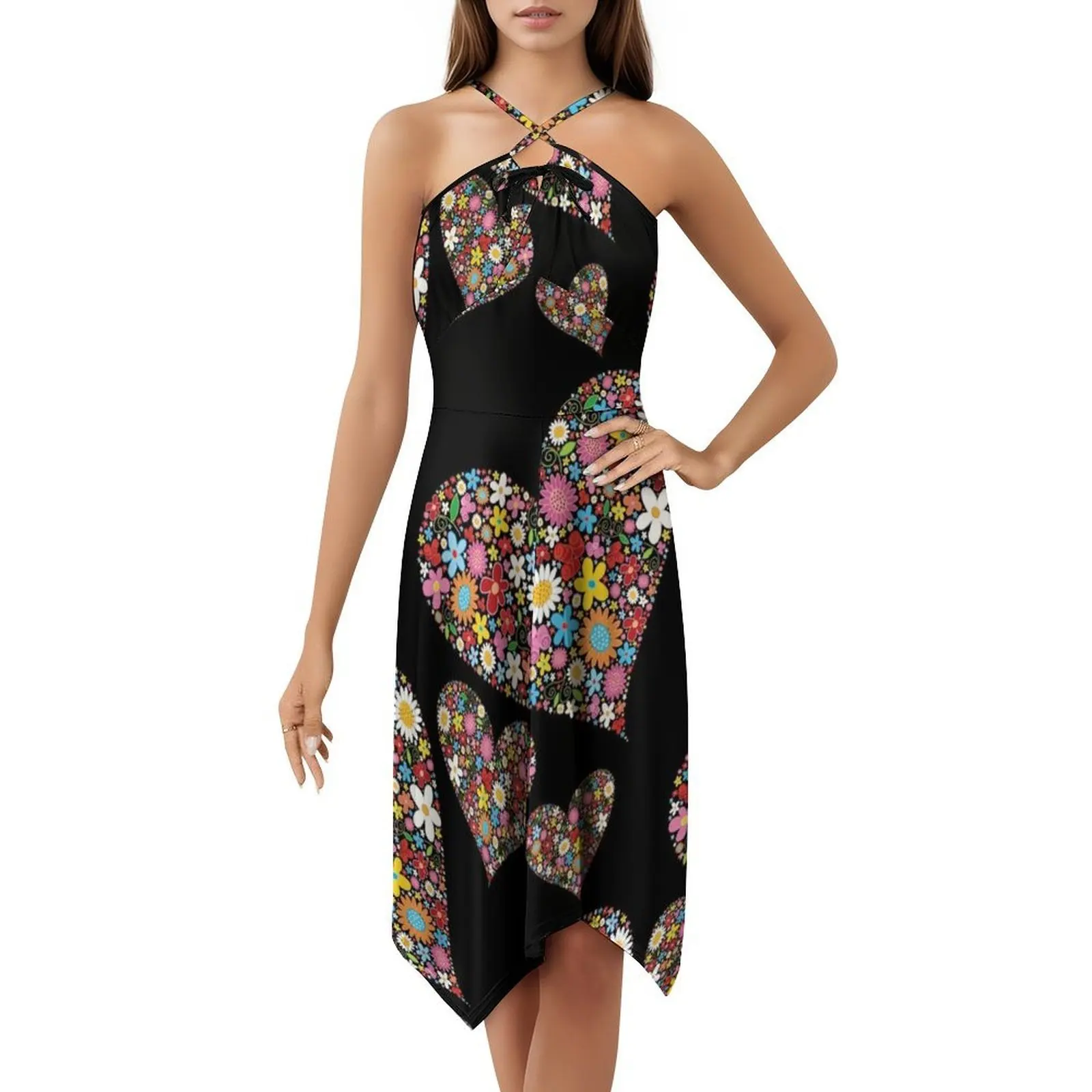 زهور الربيع غريب الأطوار قلوب عيد الحب الثلاثية؟ فستان بوهيمي بدون أكمام للنساء مطبوع عليه فساتين حفلات الشاطئ Fatfatin