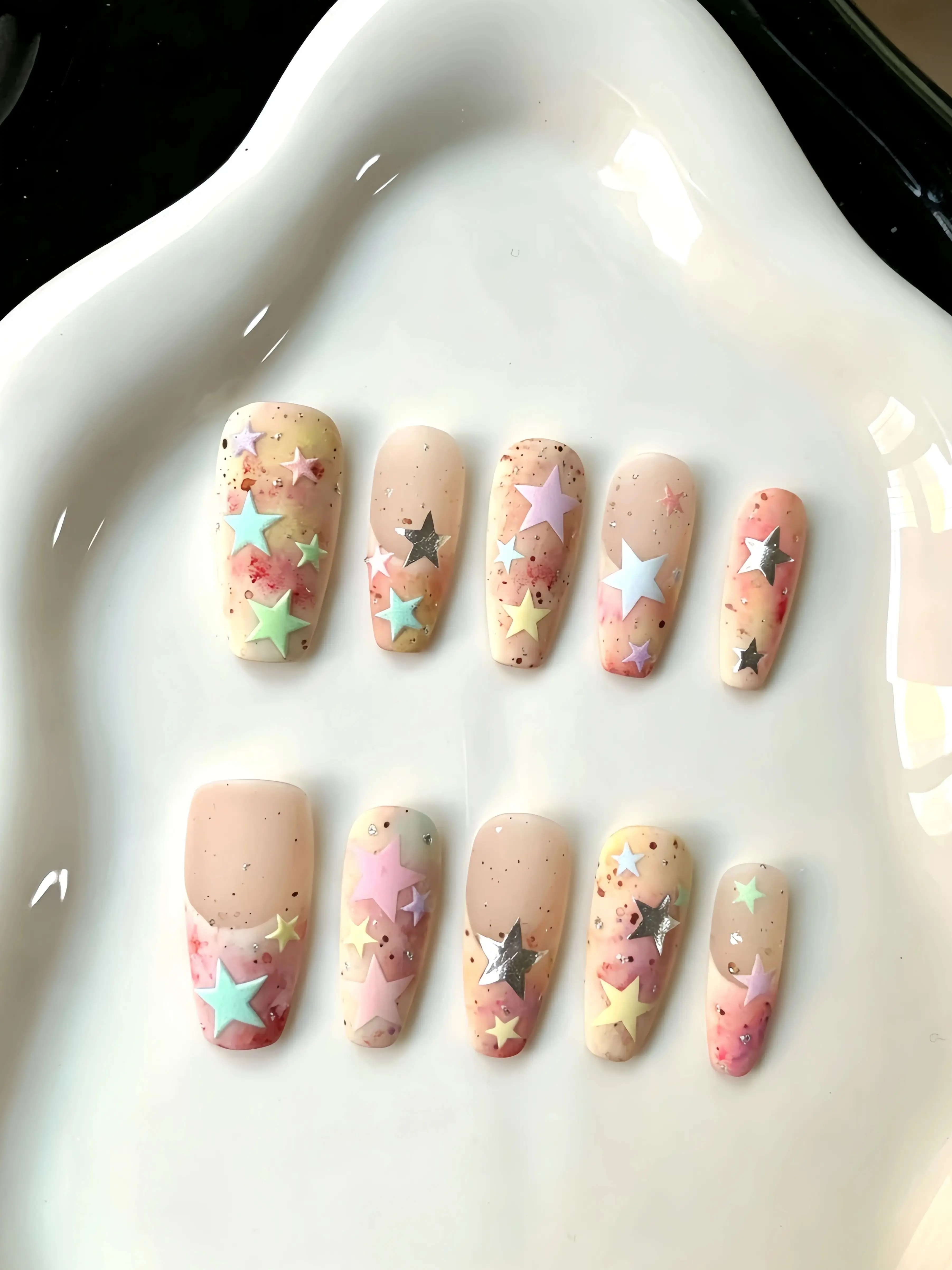 10 Pieces of Trapezoidal Nails, Watercolor Gradient Colorful Star Press-On Nails, Y2K Dreamy Fresh Vibe Reusable Fake Nails, Fake Nail Tips for Photoshoots and Dates