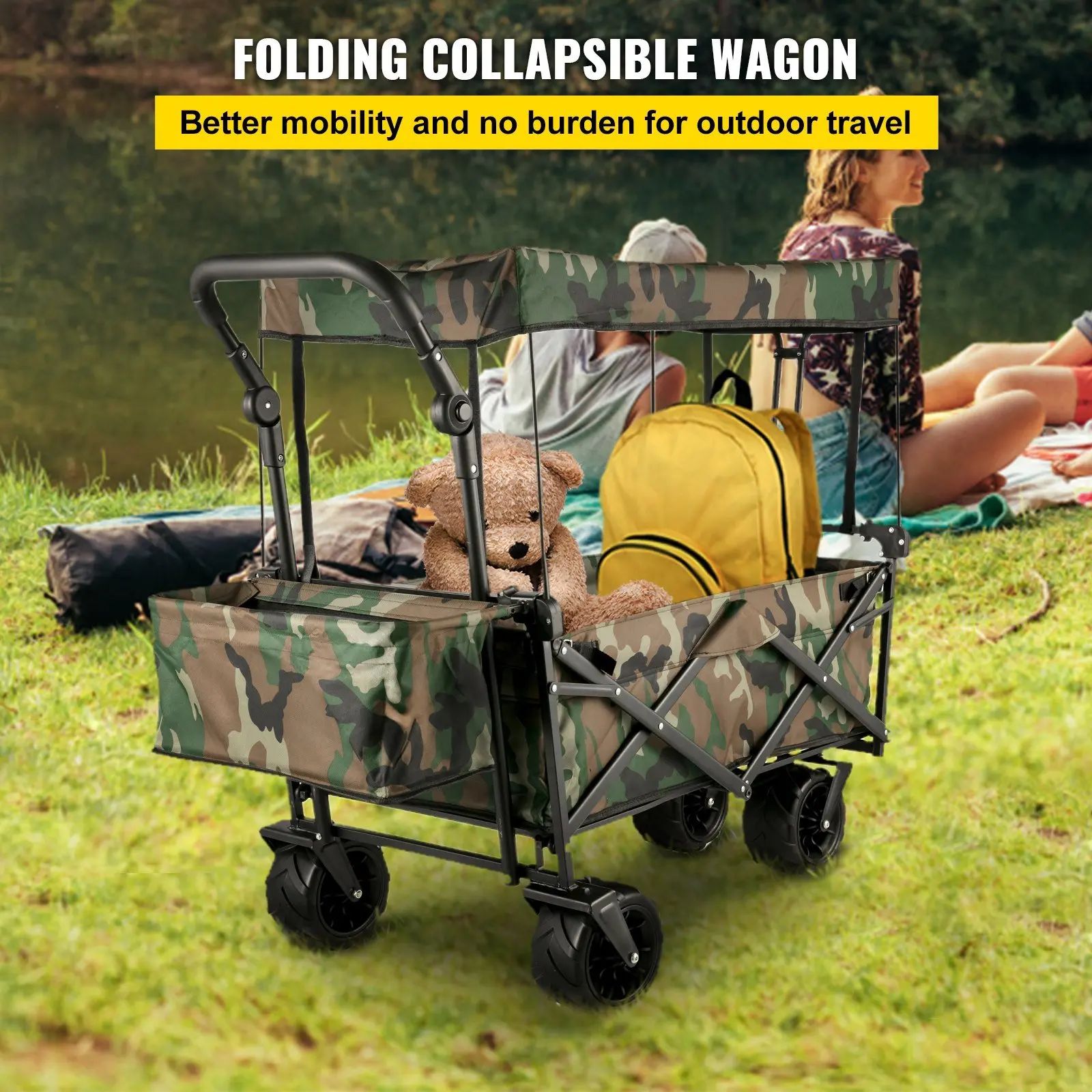 VEVOR Collapsible Folding Wagon with Removable Canopy, Heavy Duty Foldable Wagon Utility Cart for Garden, Camping, Grocery Cart,