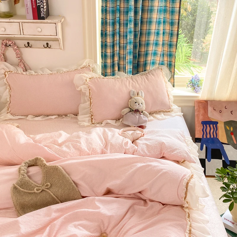 Korean Princess Style Bedding Sets For Girls 2026 Cute Ruffles Washed Cotton Pink Blue Duvet Cover Set Dormitory Bed Sheet