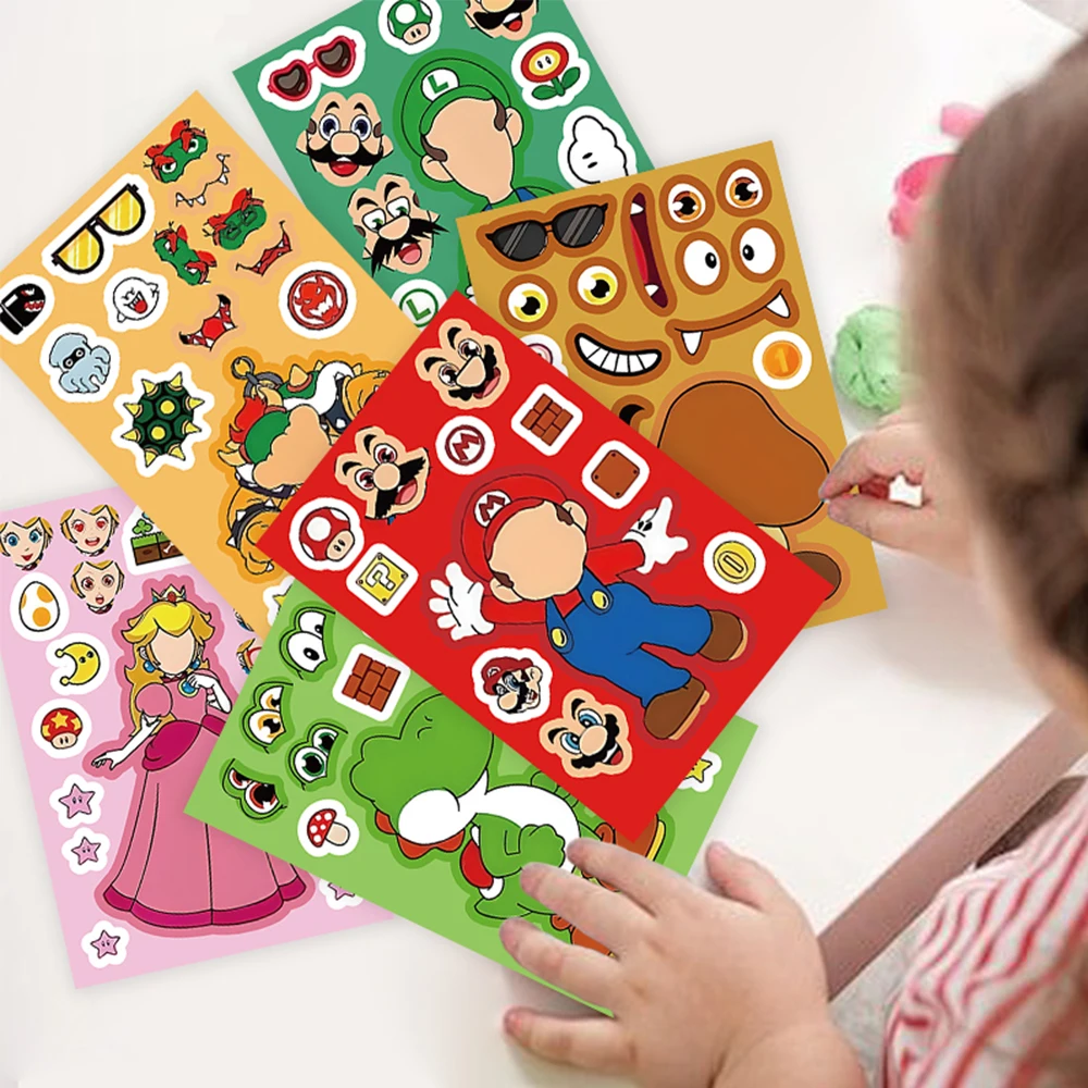 

8/16sheets Cartoon Super Mario Puzzle Stickers Make a Face Children DIY Funny Game Assemble Jigsaw Decals Theme Party Decoration