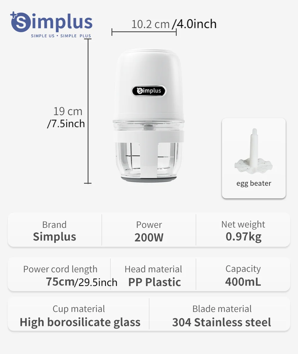 Simplus Multi-functional Electric Meat Grinder Auxiliary Food Chopper, baby supplemental food machine, 400ml Easy storage