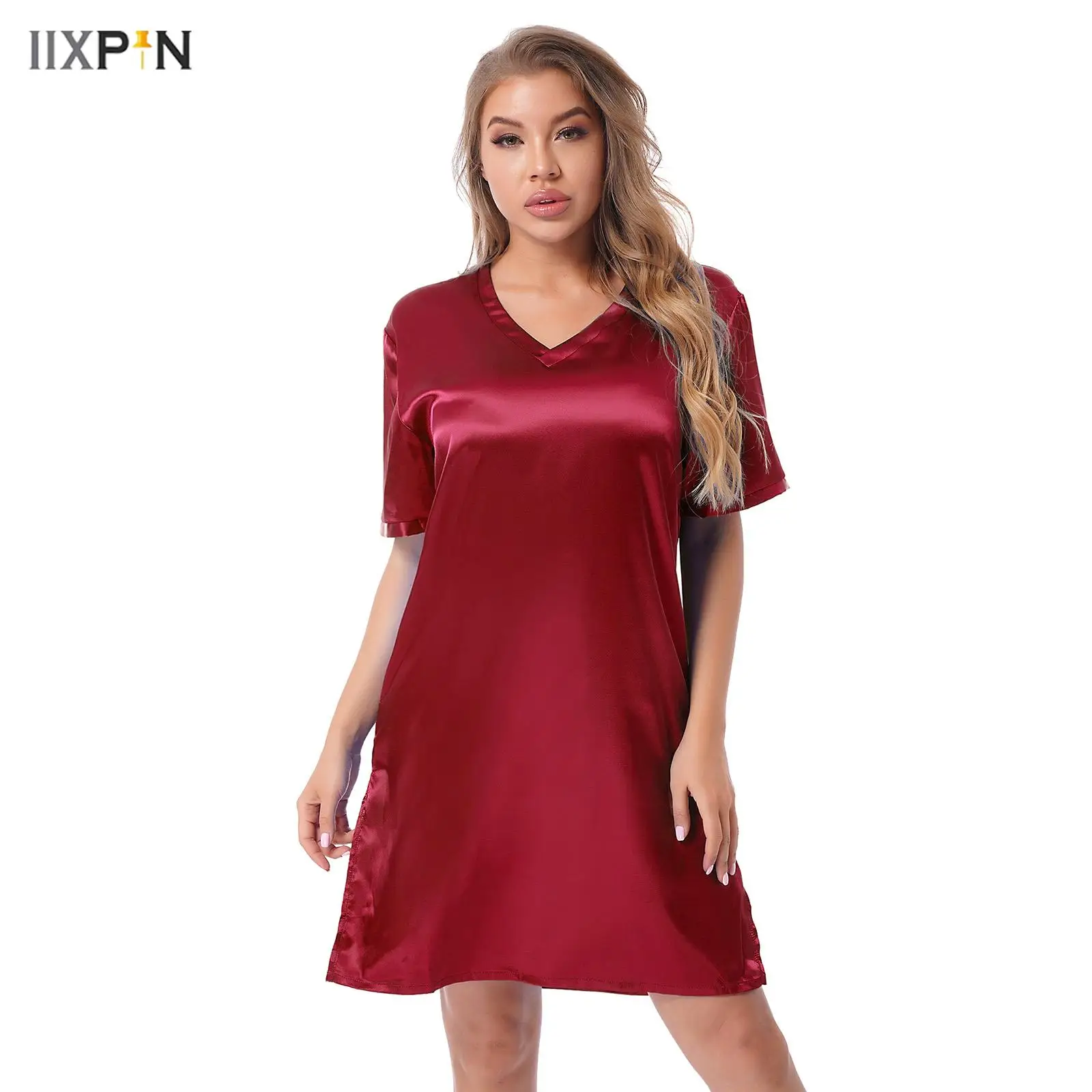 

Simple Satin Pajamas Womens Nightgown V Neck Short Sleeve Sides Split Sleep Dress Solid Color Sleepwear Loungewear Nightdress