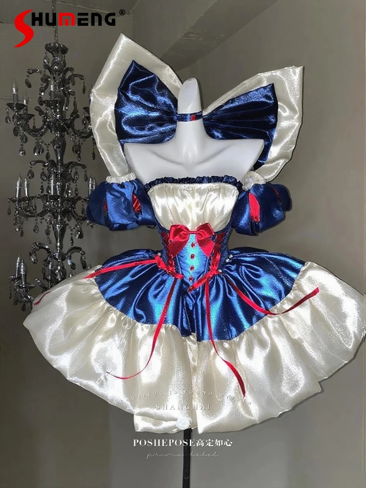 Blauw en wit prinses stijl Lolita verjaardagsjurk nieuwe 2025, meisjes zoete schattige grote strik lange trein mouwloze mini-baljurkjurk