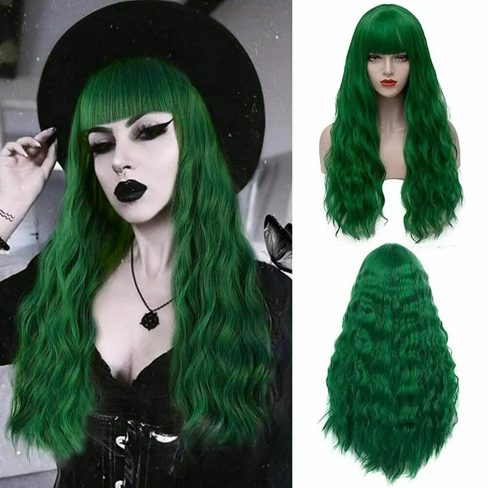 Long Curly Wavy Green with Bangs HalloweenHair Costume Heat Resistant Wigs