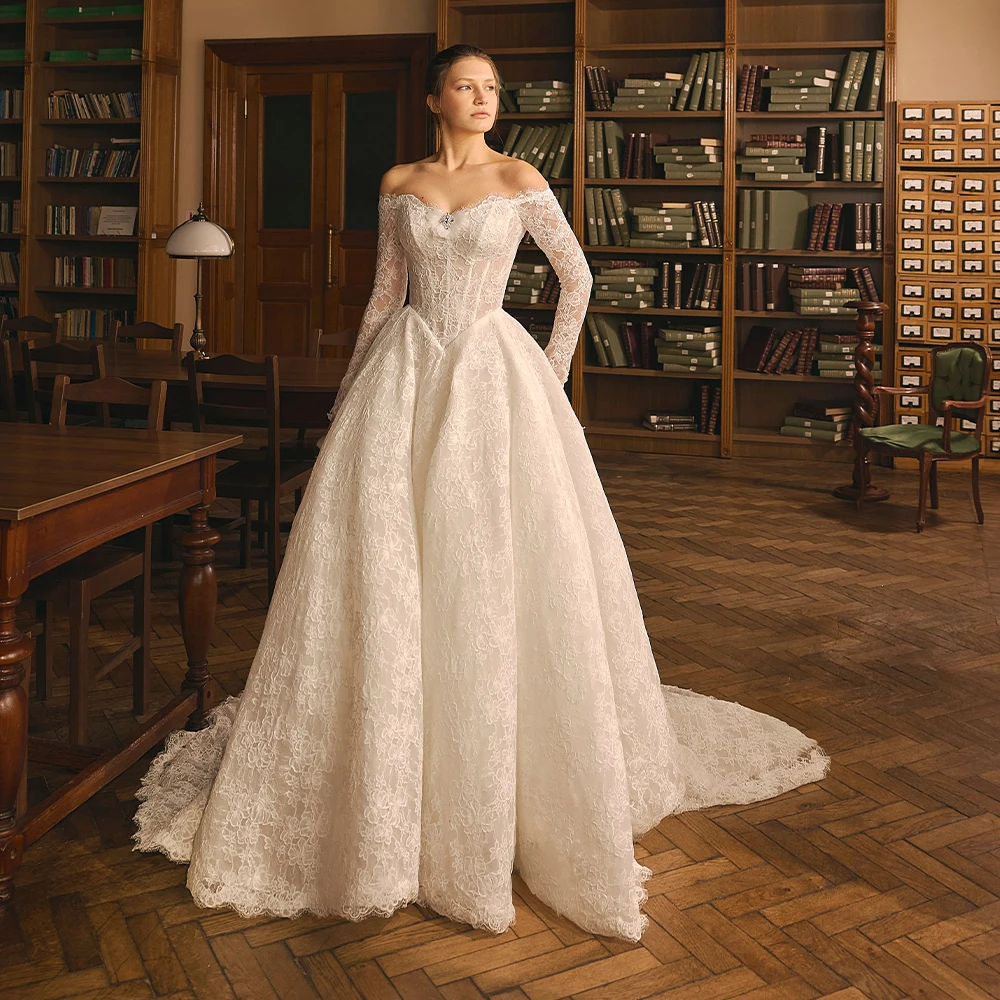 Luxury Wedding Dresses Off Shoulder Long Sleeve A Line Ivory Bride Dress Sweep Train Princess Church Bridal Gown Customized