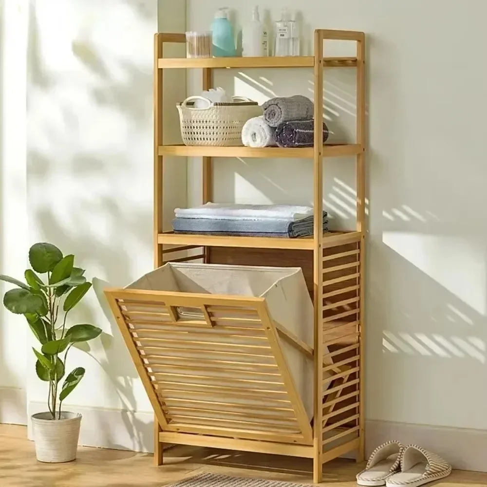 Laundry Hamper with Shelf Wooden Storage Baskets Bathroom Rack Bamboo Laundry Basket Laundrys Hamper With Shelfs Tilt Out Basket