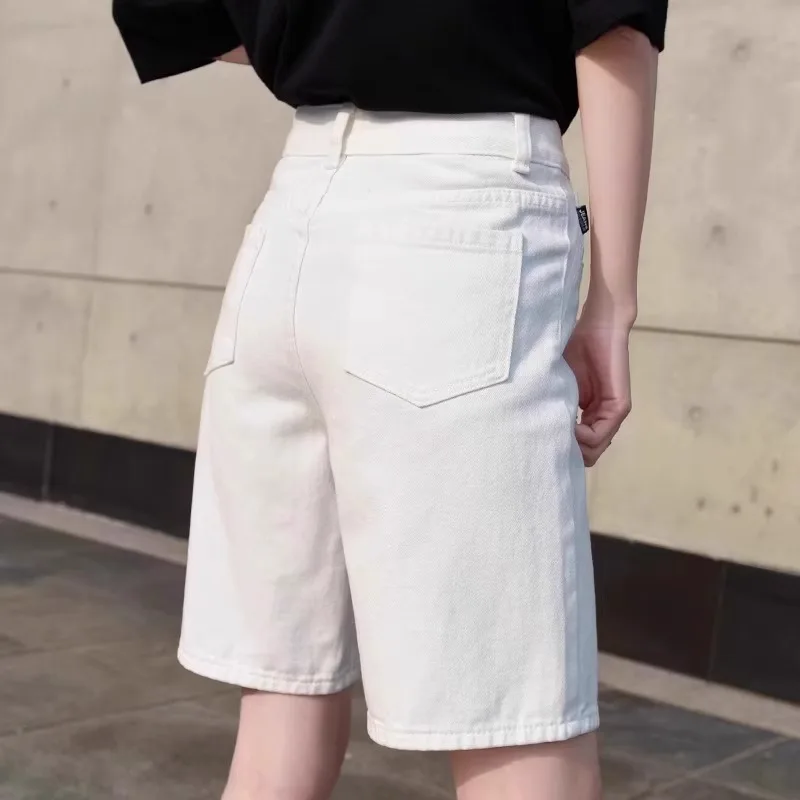 White High Waist Loose Fit Thin Denim orts Women's Summer Casual Straight Leg Five-Quarter Length for Pear aped Body