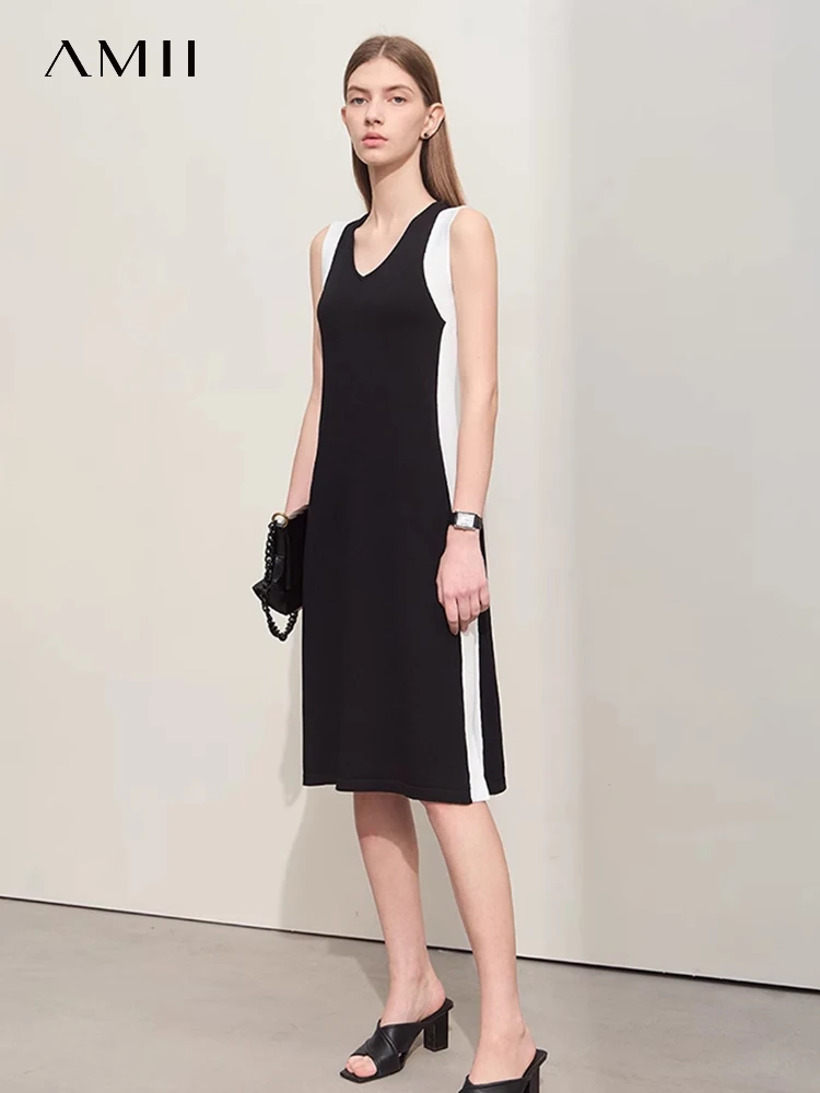 

Amii Minimalism Dresses For Women 2024 Summer New V-neck Spliced Loose Sleeveless Undershirt A-line Lady Dress Knitted 12442237