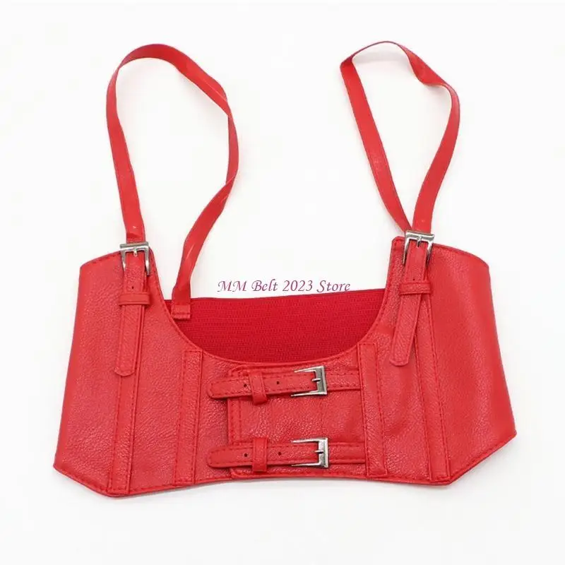 49me女性ヴィンテージゴシックフェイクレザーアンダーバストコルセットクロップトップソリッドカラー調整可能ベストウエストベルトダブルバックルシンチ