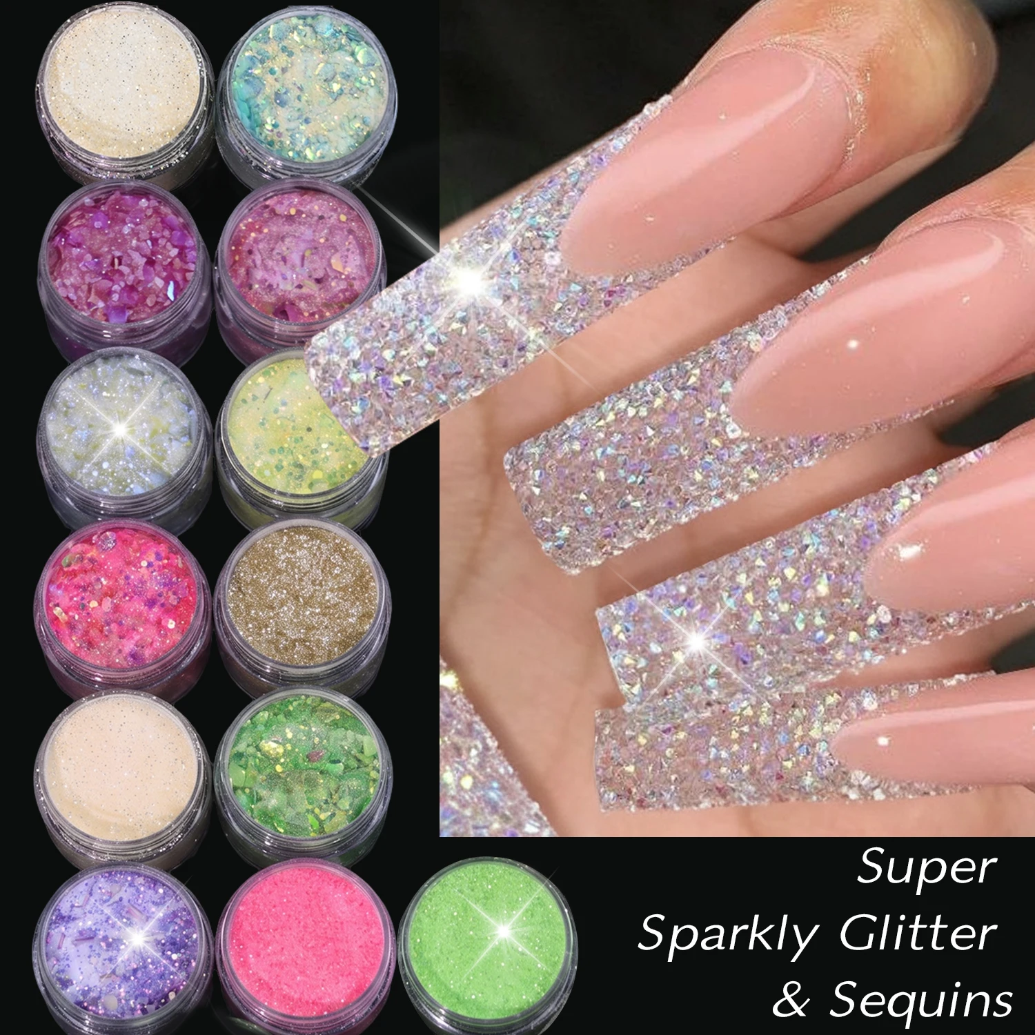 13 Colors Mixed Holographic Nail Sugar Powder Set Laser Rainbow Flakes&Glitter Dust&Chunky Sequins Nail Glitter DIY Festival Dec
