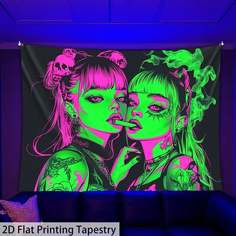 VIKAMA Blacklight Tapestry UV Reactive Neon Goth Girls Pink Green Smoking Skull Hair Clips Wall Hanging Wall Art Dorm Decor