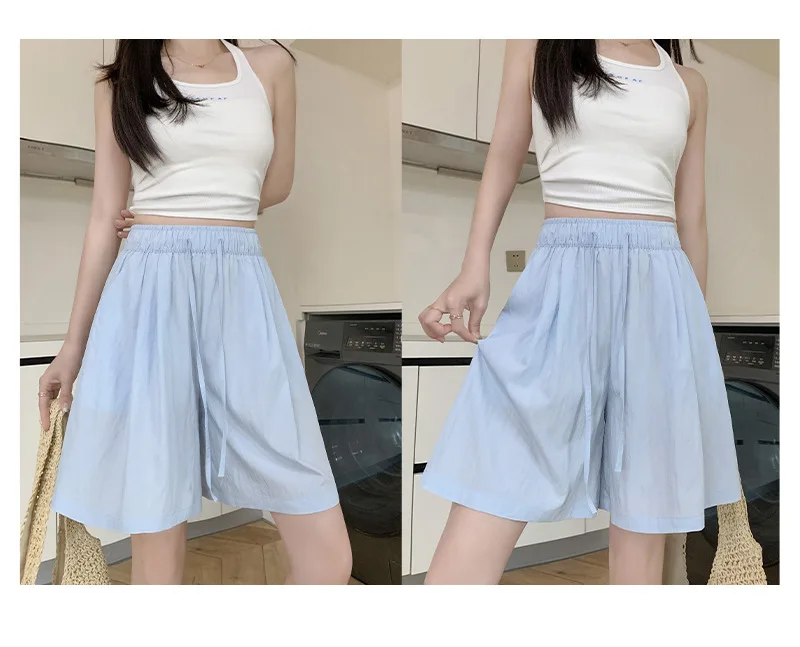Solid Color Casual Summer Shorts for Women Thin Breathable Elastic Waist Shorts Woman Vacation Loose Wide Leg Shorts Beach Pants